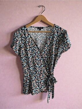 AUW Black Floral Wrap Top with Pink & Light Blue Blossoms
